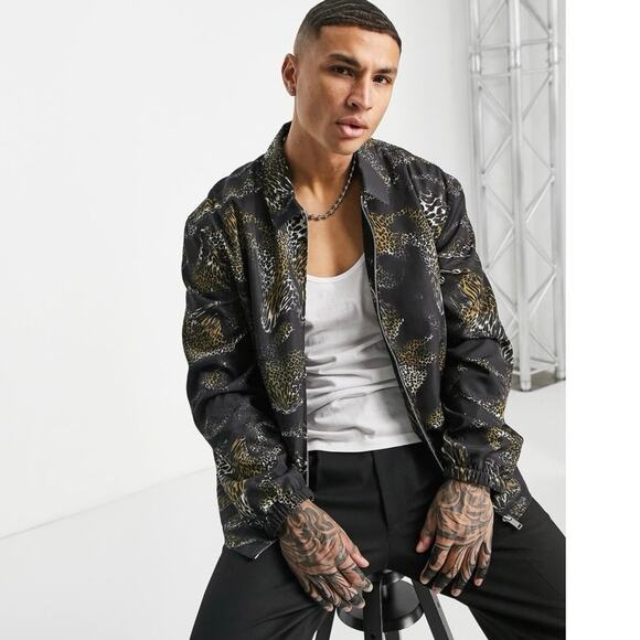 Topman ASOS Harrington jacket shacket zip tiger swirl animal print satin large L - Picture 1 of 11